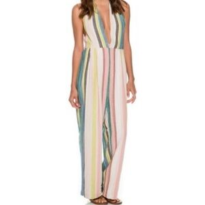 Free People My Kind of Woman Garden Linen Blend Colorful Striped Jumpsuit Sz 2
